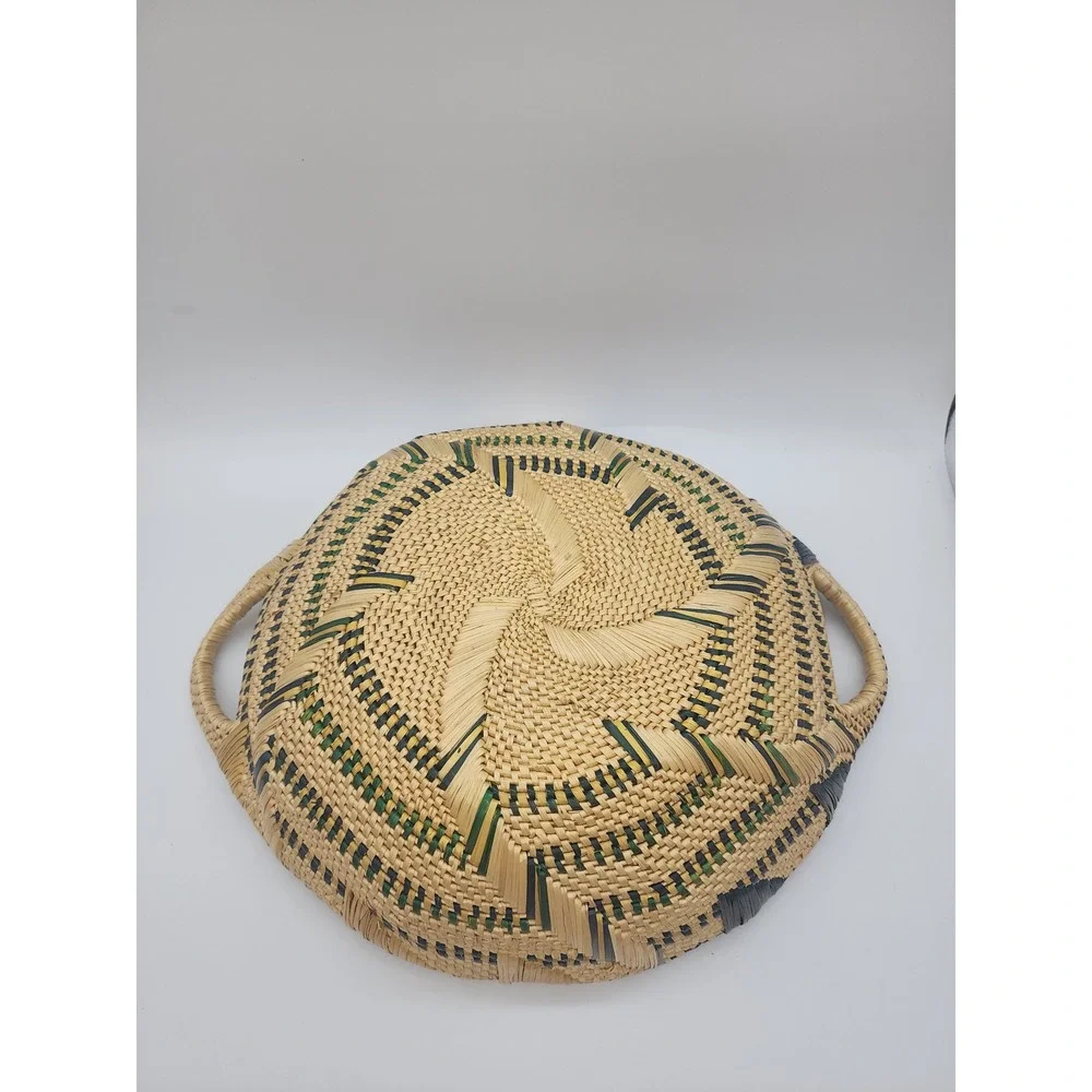 Handcrafted Woven Basket Tray Sunburst Pattern Round Shallow Bowl with Handles